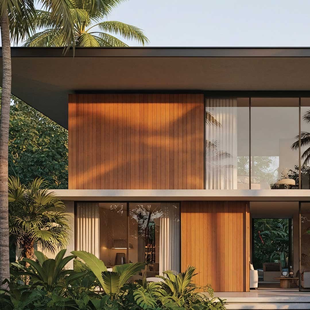 Modern villa facade with warm wood detailing